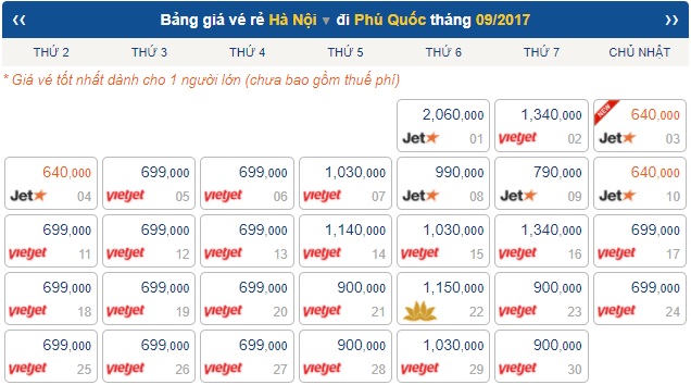 Giá vé máy bay Hà Nội đi Phú Quốc