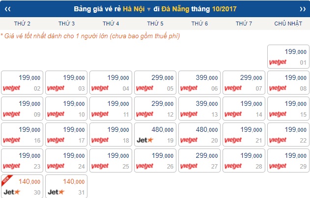 giá vé máy bay từ Hà Nội vào Đà Nẵng