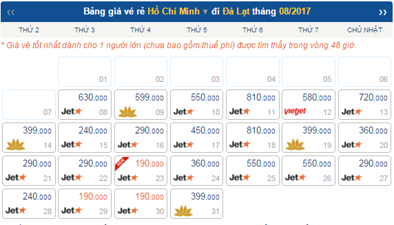 Giá vé máy bay từ TPHCM đi Đà Lạt