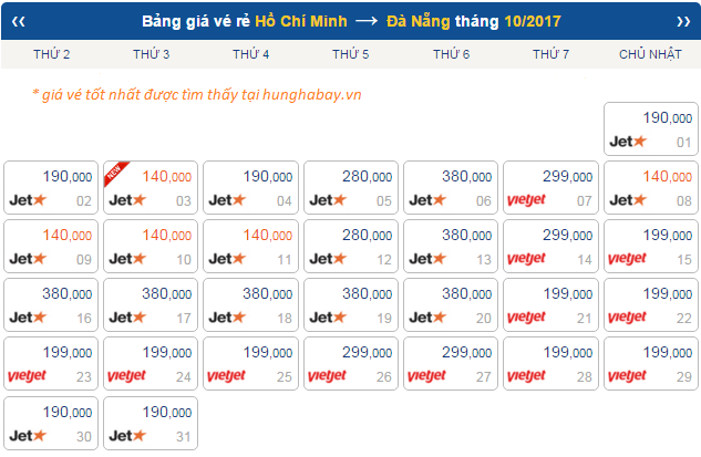 Bảng giá vé máy bay sài gòn đà nẵng